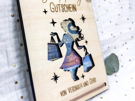 Geldgeschenk aus Holz "Shopping"