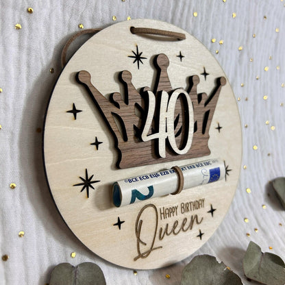 Geldgeschenk zum Geburtstag "Happy Birthday Queen" mit Name oder Wunschzahl