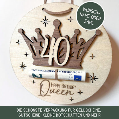 Geldgeschenk zum Geburtstag "Happy Birthday Queen" mit Name oder Wunschzahl