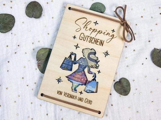 Geldgeschenk aus Holz "Shopping"