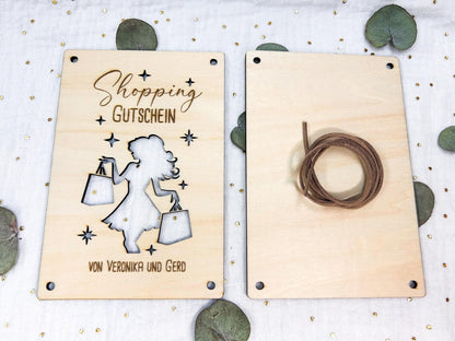 Geldgeschenk aus Holz "Shopping"
